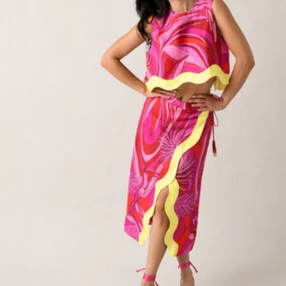 NWOT FARM RIO Red/Pink Endless Summer Floral Linen Wrap Skirt M $210